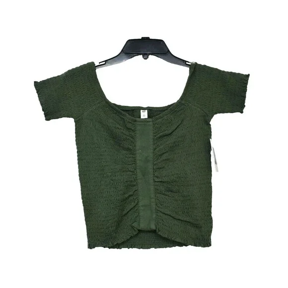 BP Womens Smocked Off the Shoulder Top Short Sleeve Stretchy Knit Cotton Green L - Picture 1 of 6
